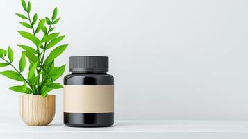 A black bottle with a brown label sits on a wooden shelf next to a potted plant photo