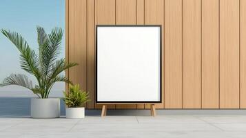 A white frame with a green plant in a white pot is on a wooden wall photo