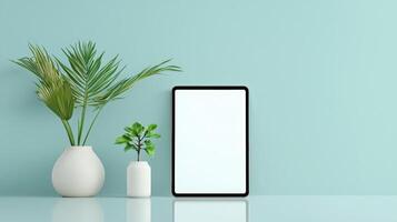 A White Tablet Sits on a Table Next to a Vase with a Green Plant Where Tech Meets Nature photo