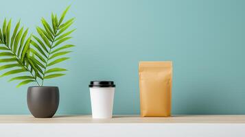 A white coffee cup and a brown paper bag are on a shelf next to a potted plant photo