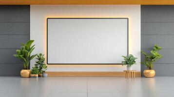 A white wall with a large blank screen and a few potted plants photo