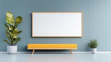A white wall with a large picture frame and a yellow bench in front of it photo