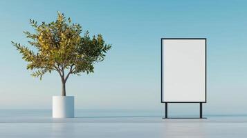 A white sign is next to a tree photo