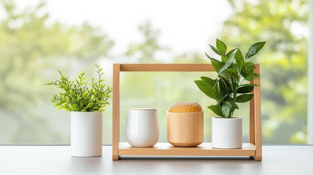 un de madera estante con Tres en conserva plantas y un pequeño un pan rodar foto