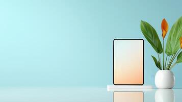 A white tablet sits on a table next to a vase of flowers photo