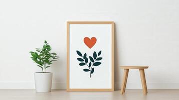 A framed picture of a leafy plant with a heart in the center photo