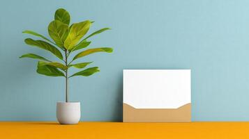 Minimalist A white framed picture sits on a table next to a potted plant photo