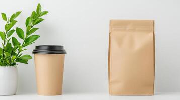 Minimalist Setup A coffee cup and a brown paper bag are on a table photo