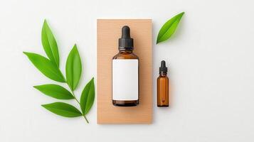 A bottle of perfume is on a wooden surface next to a leaf photo
