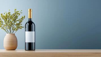 A bottle of wine is on a table next to a vase of flowers photo