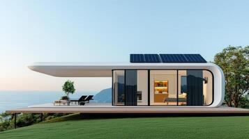 A modern home with a large glass window overlooking the ocean photo