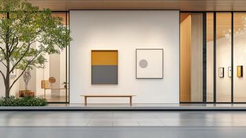 A white building with a large window and a bench in front of it photo