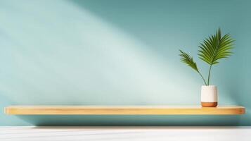 A shelf with a plant in a white vase on it photo
