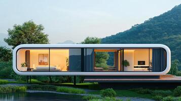 A modern home with a large window overlooking a lake photo