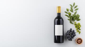 A bottle of wine is on a table with a bunch of grapes and leaves photo
