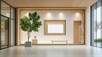 A large window with a tree in a planter and a bench in front of it photo