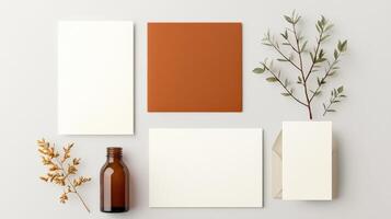 A collection of stationery items including envelopes, postcards, and a bottle photo