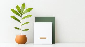 A white square with a green border sits on a table next to a potted plant photo