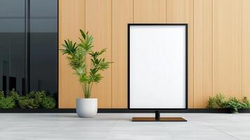 A white sign is standing in front of a plant photo