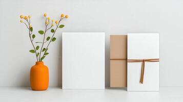 A vase with a flower and a white card with a brown ribbon photo