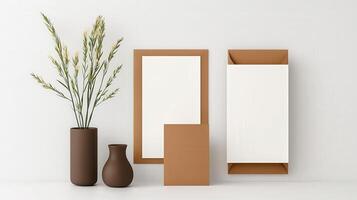 A white vase with a brown frame sits on a table next to a brown vase photo