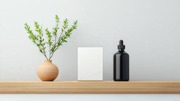 A black bottle sits on a shelf next to a white box and a vase with green leaves photo