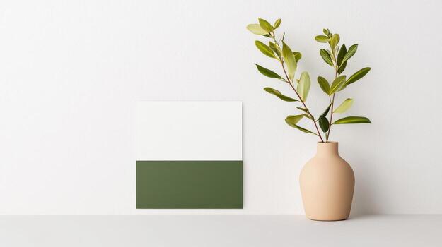 A white and green framed picture sits on a table next to a vase with a green lea photo