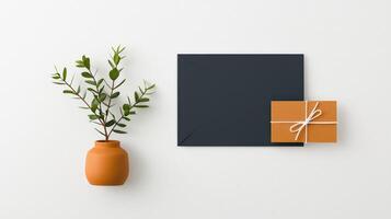 A black card with a white background sits on a white wall photo