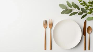 A white plate with a fork, knife, and spoon on it photo