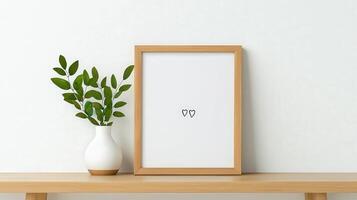 A white framed picture with a heart on it sits on a shelf next to a vase of gree photo
