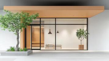 A modern building with a large window and a tree in front of it photo