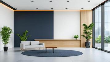 A large room with a blue wall and white trim photo