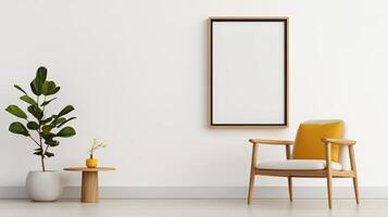 A white framed picture hangs on a wall in a room with a wooden chair photo