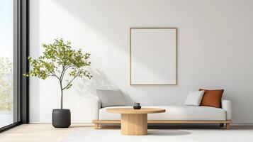 A white living room with a large window and a potted plant photo
