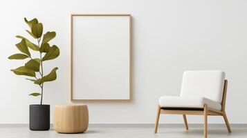 A white chair sits in front of a blank wall photo