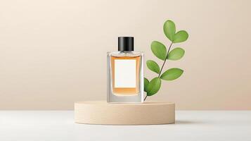 A bottle of perfume is displayed on a wooden platform with a leaf on top photo