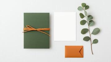 A green card with a white ribbon tied around it sits on a table next to a white photo