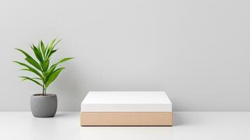 A white square table with a potted plant on it photo