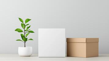 A white box sits on a table next to a potted plant photo