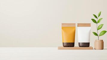 Two jars of cream sit on a wooden shelf next to a plant photo
