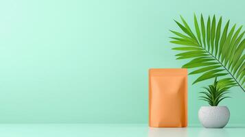 A green background with a white vase and a plant photo