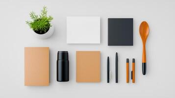 A white and black box with a black bottle and a green plant photo