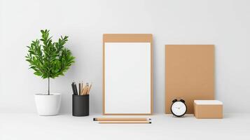 A white box with a clock on it sits on a table next to a potted plant photo