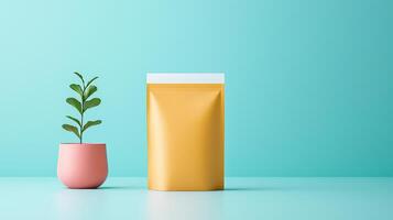 A plant is sitting next to a yellow bag photo
