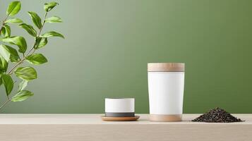 A white cup and a black and white cup are on a table next to a plant photo