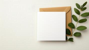 A white card with a brown envelope sits on a white background photo