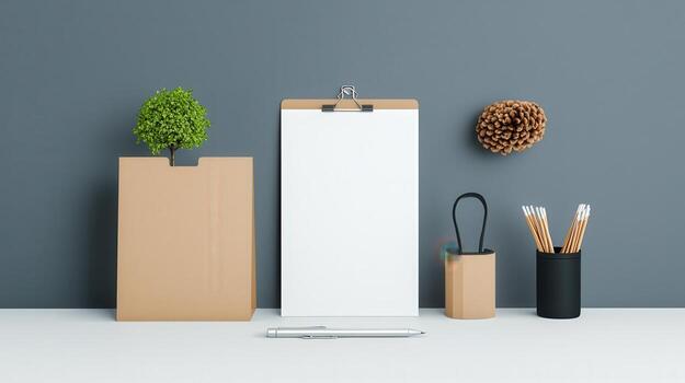 A white clipboard sits on a table with a pencil and pen photo