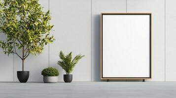 A white frame with a tree and two potted plants in front of it photo