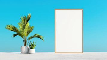 A white frame is on a table next to a potted plant photo