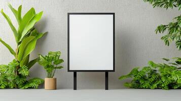 A white sign is standing in front of a wall with green plants photo